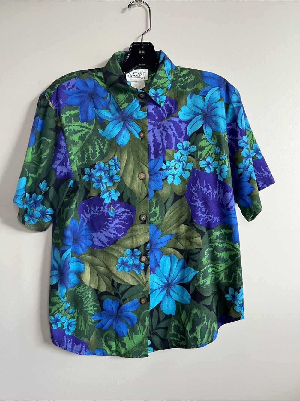 Vintage Cristin Stevens Floral Button Front Blouse Blue Green Petite Medium Retr